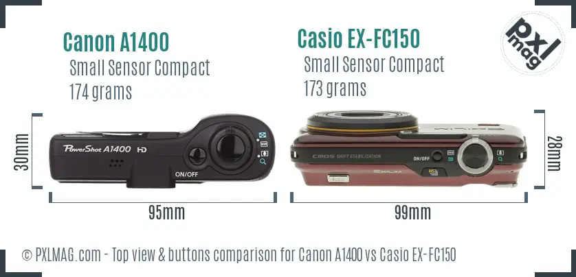 Canon A1400 vs Casio EX-FC150 top view buttons comparison