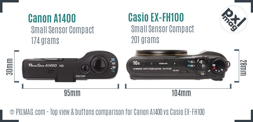 Canon A1400 vs Casio EX-FH100 top view buttons comparison