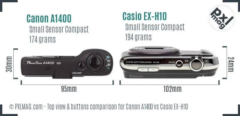 Canon A1400 vs Casio EX-H10 top view buttons comparison