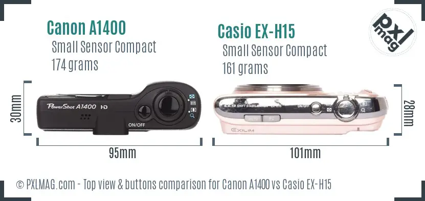 Canon A1400 vs Casio EX-H15 top view buttons comparison