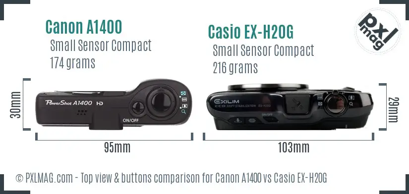 Canon A1400 vs Casio EX-H20G top view buttons comparison Canon A1400 vs Casio EX-H20G top view buttons comparison