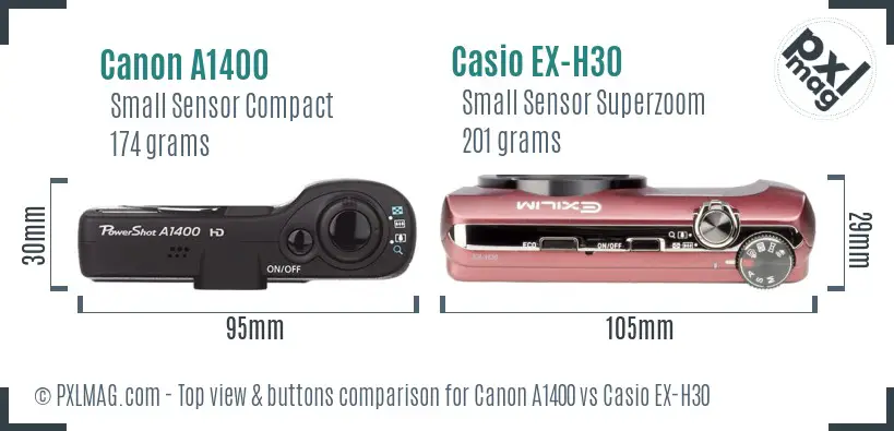 Canon A1400 vs Casio EX-H30 top view buttons comparison Canon A1400 vs Casio EX-H30 top view buttons comparison
