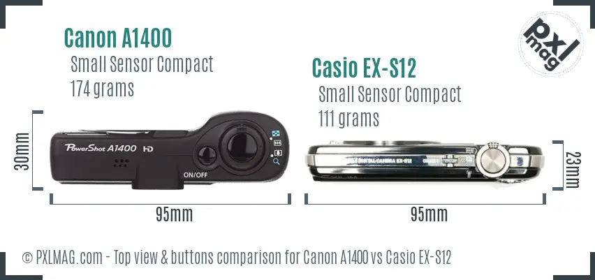 Canon A1400 vs Casio EX-S12 top view buttons comparison