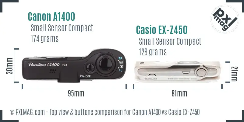 Canon A1400 vs Casio EX-Z450 top view buttons comparison