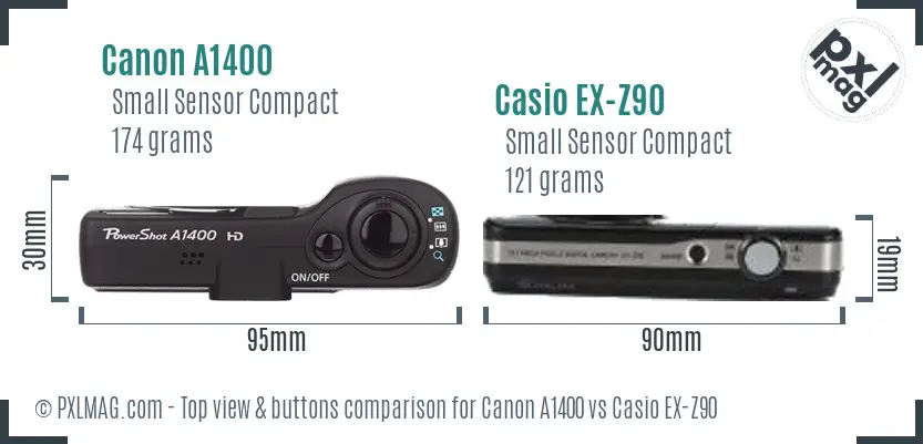 Canon A1400 vs Casio EX-Z90 top view buttons comparison