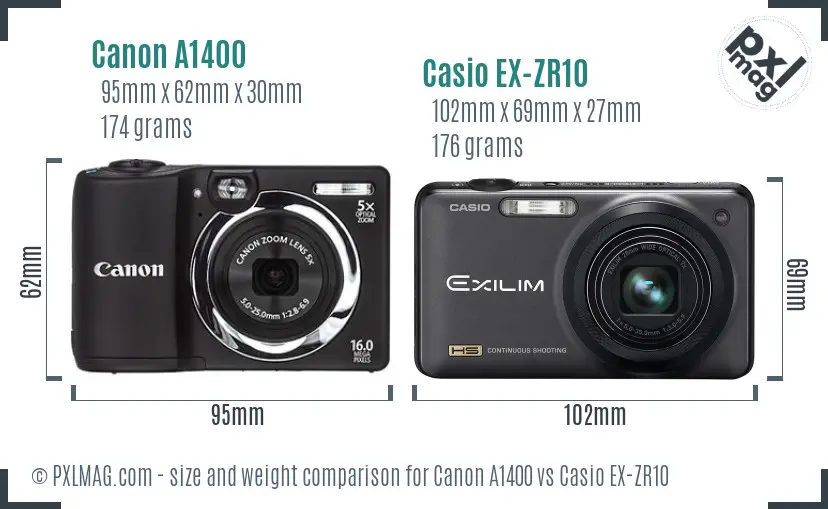 Canon A1400 vs Casio EX-ZR10 size comparison