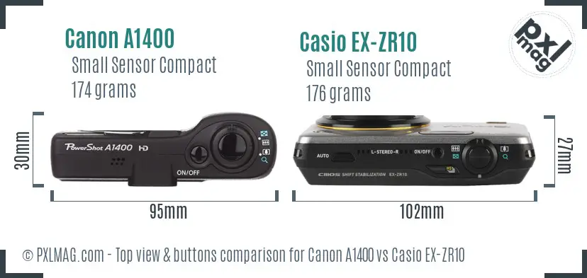 Canon A1400 vs Casio EX-ZR10 top view buttons comparison