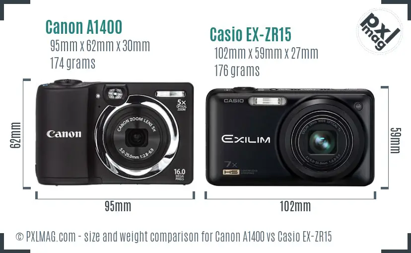 Canon A1400 vs Casio EX-ZR15 size comparison Canon A1400 vs Casio EX-ZR15 size comparison