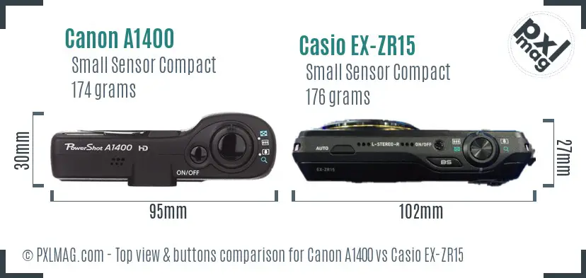 Canon A1400 vs Casio EX-ZR15 top view buttons comparison Canon A1400 vs Casio EX-ZR15 top view buttons comparison