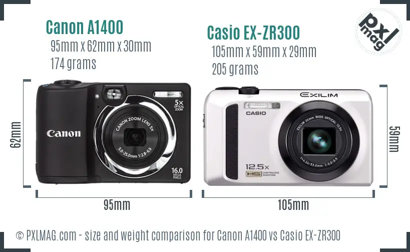Canon A1400 vs Casio EX-ZR300 size comparison