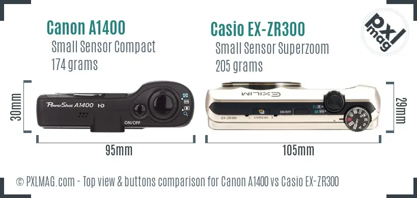 Canon A1400 vs Casio EX-ZR300 top view buttons comparison