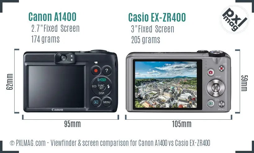 Canon A1400 vs Casio EX-ZR400 Screen and Viewfinder comparison