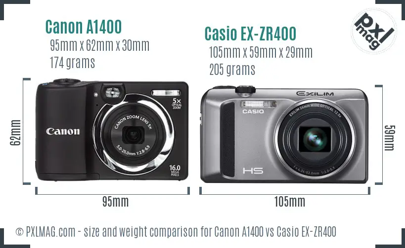 Canon A1400 vs Casio EX-ZR400 size comparison
