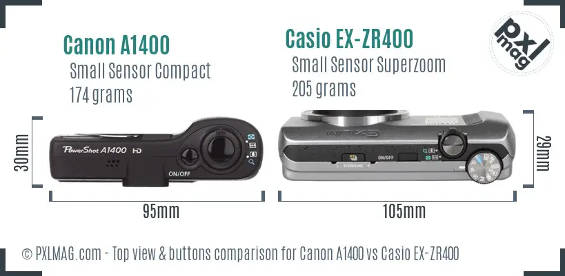 Canon A1400 vs Casio EX-ZR400 top view buttons comparison