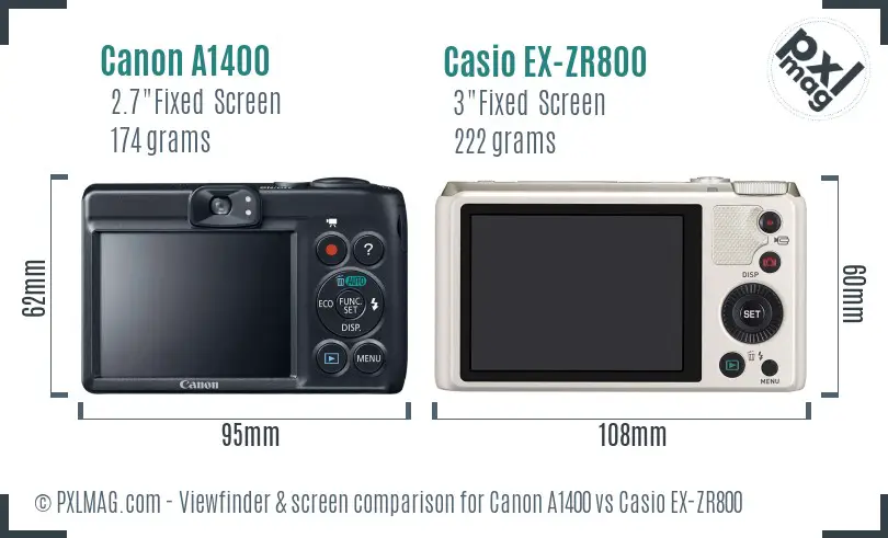 Canon A1400 vs Casio EX-ZR800 Screen and Viewfinder comparison