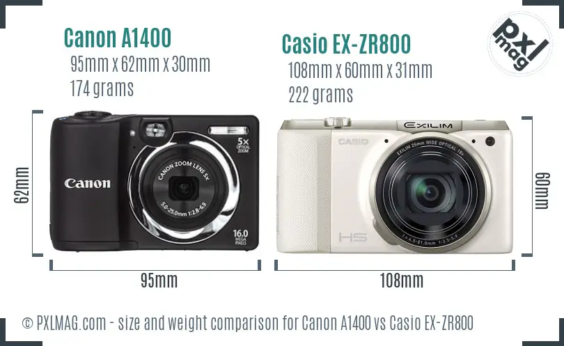 Canon A1400 vs Casio EX-ZR800 size comparison