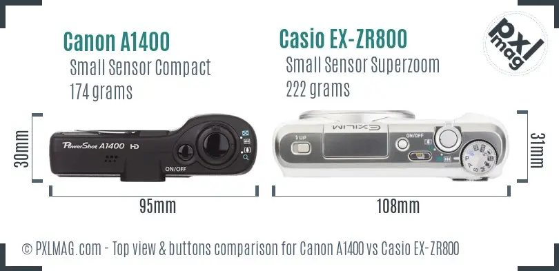 Canon A1400 vs Casio EX-ZR800 top view buttons comparison