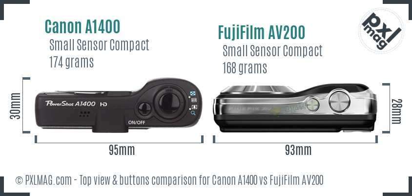 Canon A1400 vs FujiFilm AV200 top view buttons comparison