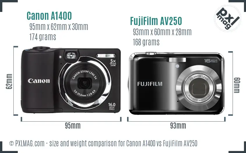 Canon A1400 vs FujiFilm AV250 size comparison