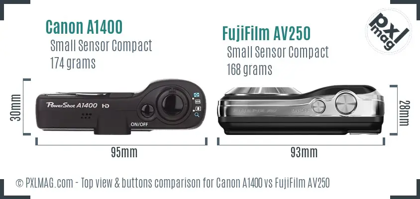 Canon A1400 vs FujiFilm AV250 top view buttons comparison