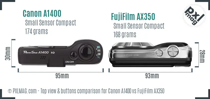 Canon A1400 vs FujiFilm AX350 top view buttons comparison