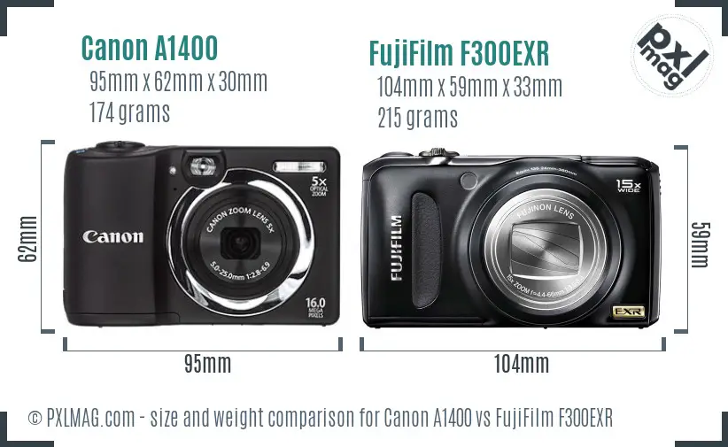 Canon A1400 vs FujiFilm F300EXR size comparison