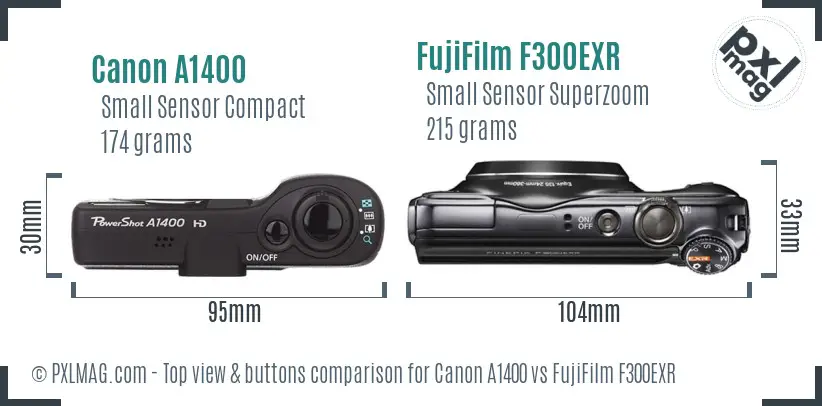 Canon A1400 vs FujiFilm F300EXR top view buttons comparison