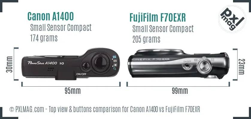 Canon A1400 vs FujiFilm F70EXR top view buttons comparison