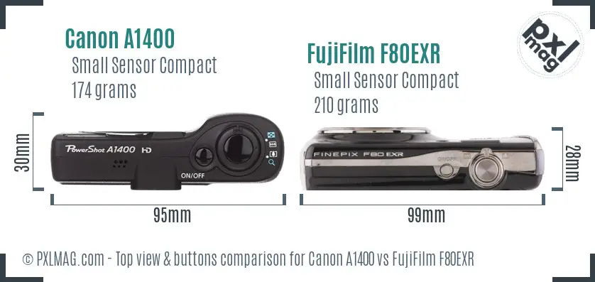 Canon A1400 vs FujiFilm F80EXR top view buttons comparison Canon A1400 vs FujiFilm F80EXR top view buttons comparison