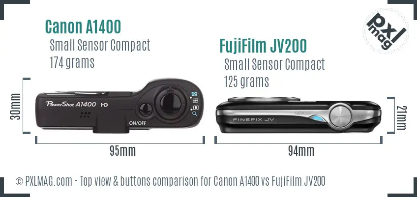 Canon A1400 vs FujiFilm JV200 top view buttons comparison Canon A1400 vs FujiFilm JV200 top view buttons comparison