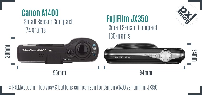 Canon A1400 vs FujiFilm JX350 top view buttons comparison