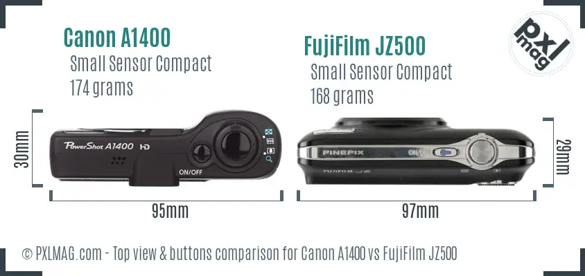 Canon A1400 vs FujiFilm JZ500 top view buttons comparison