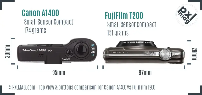 Canon A1400 vs FujiFilm T200 top view buttons comparison Canon A1400 vs FujiFilm T200 top view buttons comparison