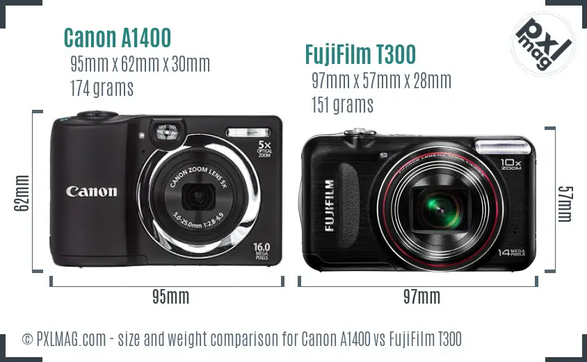 Canon A1400 vs FujiFilm T300 size comparison