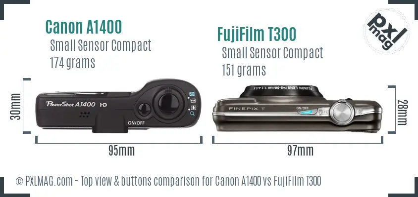 Canon A1400 vs FujiFilm T300 top view buttons comparison