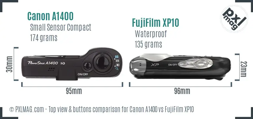 Canon A1400 vs FujiFilm XP10 top view buttons comparison