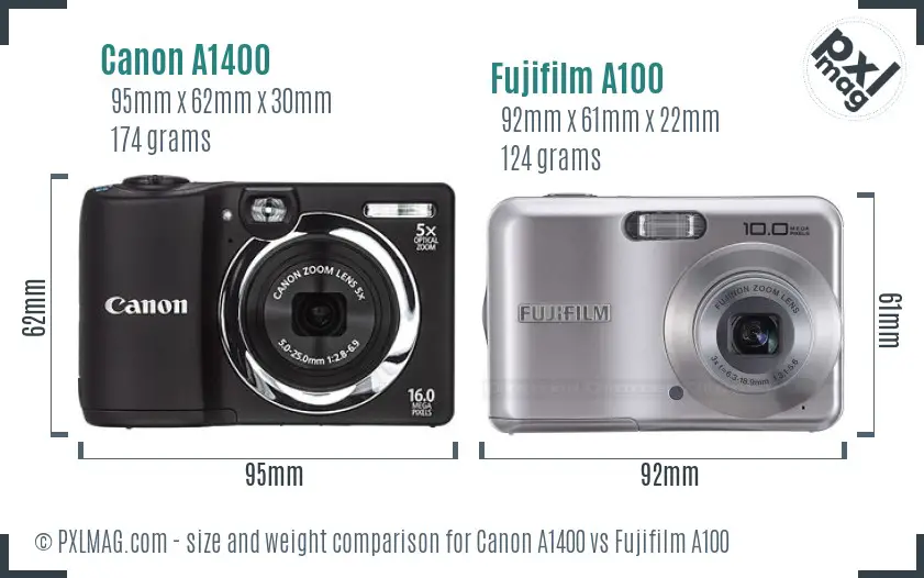 Canon A1400 vs Fujifilm A100 size comparison