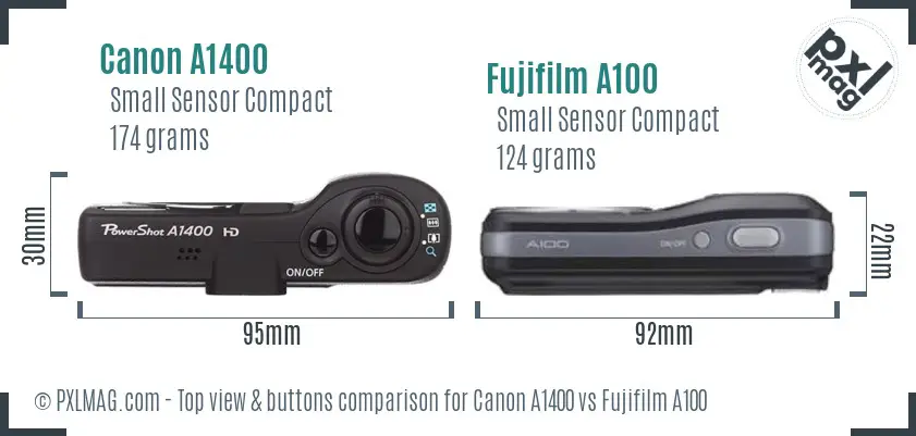 Canon A1400 vs Fujifilm A100 top view buttons comparison