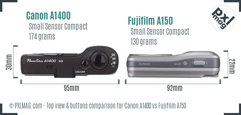 Canon A1400 vs Fujifilm A150 top view buttons comparison Canon A1400 vs Fujifilm A150 top view buttons comparison