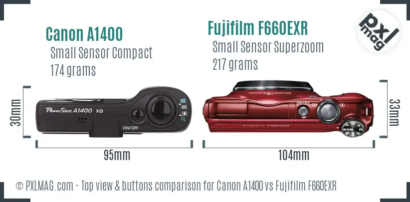 Canon A1400 vs Fujifilm F660EXR top view buttons comparison