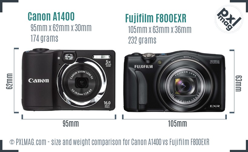 Canon A1400 vs Fujifilm F800EXR size comparison