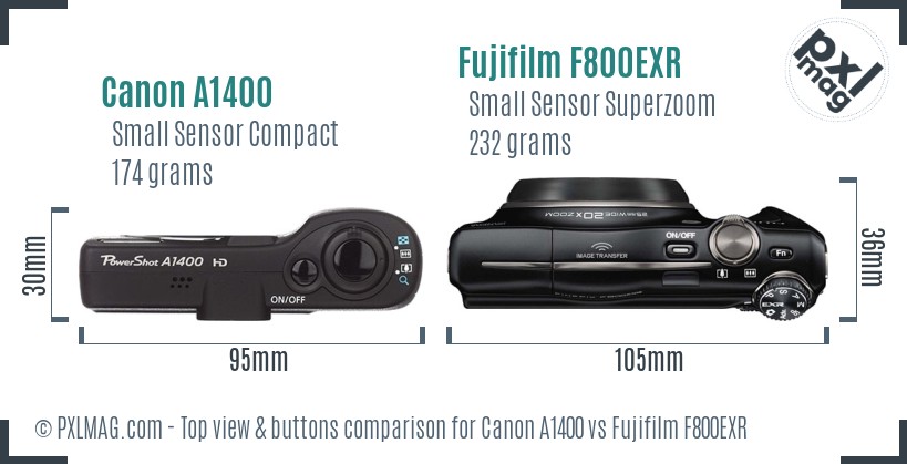 Canon A1400 vs Fujifilm F800EXR top view buttons comparison