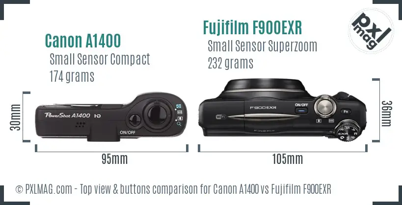 Canon A1400 vs Fujifilm F900EXR top view buttons comparison