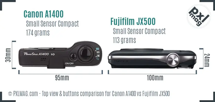 Canon A1400 vs Fujifilm JX500 top view buttons comparison Canon A1400 vs Fujifilm JX500 top view buttons comparison