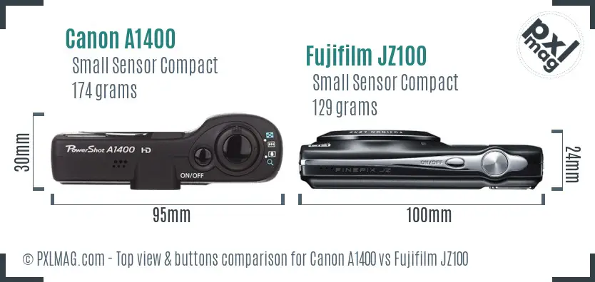 Canon A1400 vs Fujifilm JZ100 top view buttons comparison