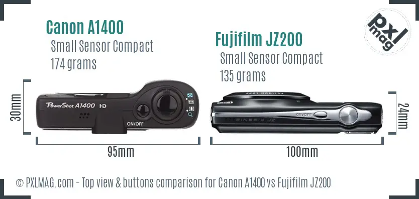 Canon A1400 vs Fujifilm JZ200 top view buttons comparison
