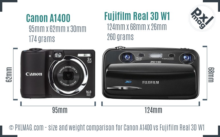 Canon A1400 vs Fujifilm Real 3D W1 size comparison