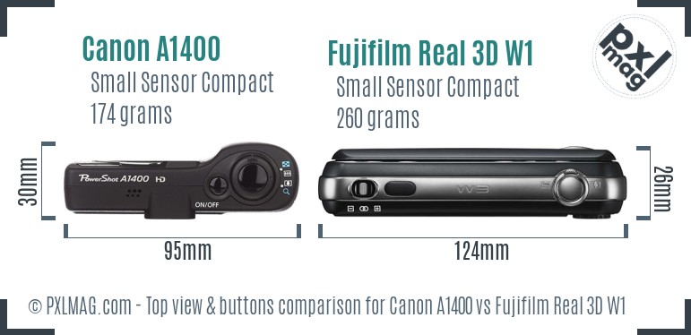 Canon A1400 vs Fujifilm Real 3D W1 top view buttons comparison