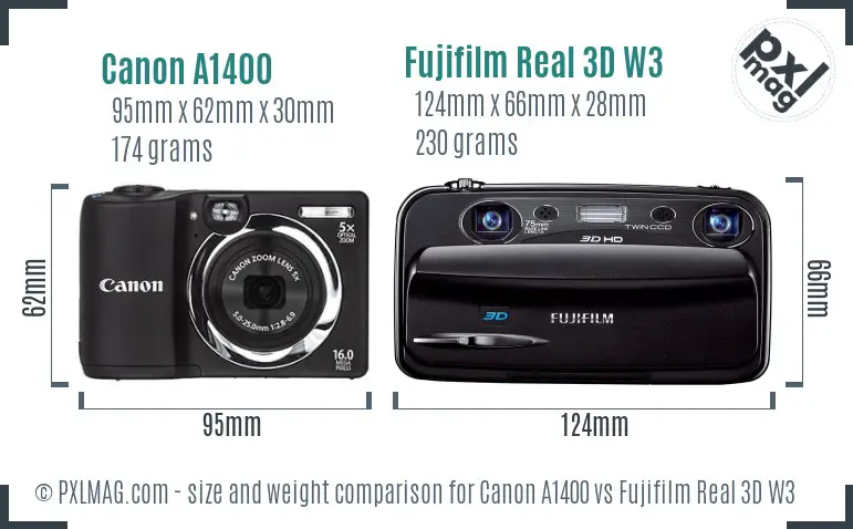 Canon A1400 vs Fujifilm Real 3D W3 size comparison