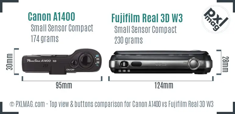 Canon A1400 vs Fujifilm Real 3D W3 top view buttons comparison